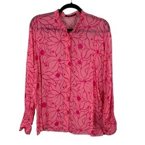 Luisa Cerano Floral Sheer Long Sleeve Smocked Cuff Button Up Blouse Size 12 Pink